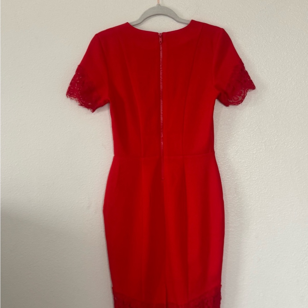 H&M Red Lace Trimmed Sheath Midi Dress Short Sleeve Size 4 - Picture 4 of 10